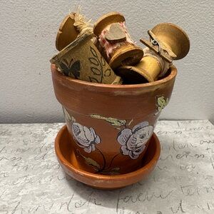 Hand-Painted Terracotta Flower Pot with Vintage Wood Spools